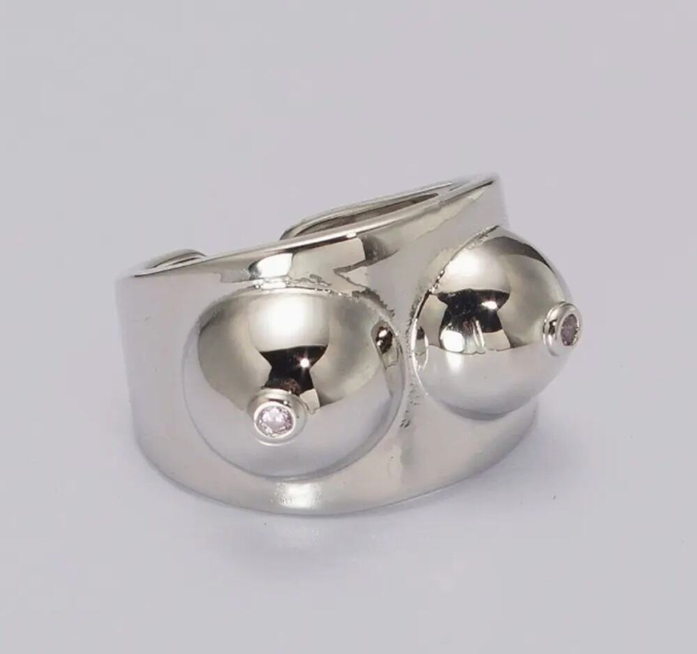 Silver Boobs Ring Novelty Breast Cancer Awareness. Or Breastfeeding Adjustable